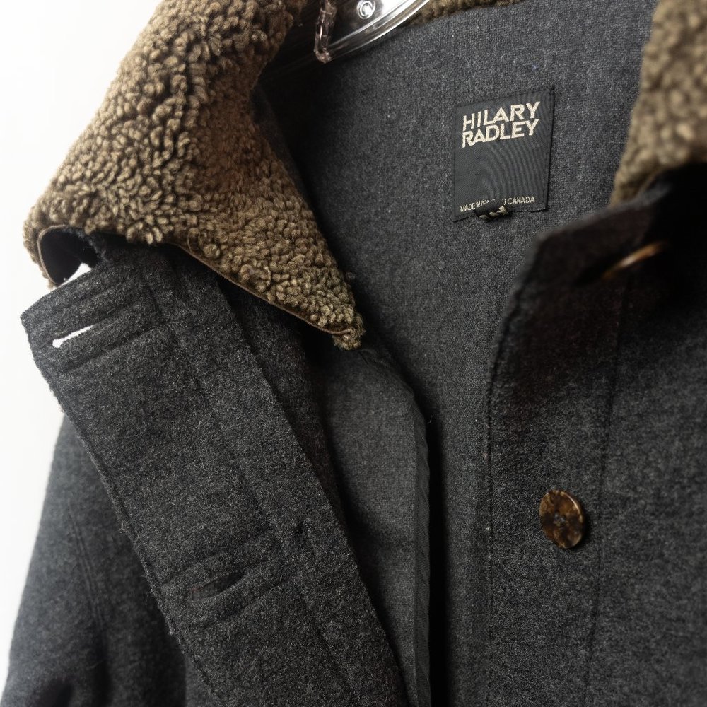 Vintage HILARY RADLEY wool pea coat fur trim wool liner, brown-gray (size 12)